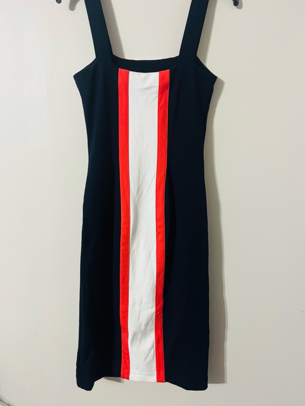 Diane Von Furstenberg Navy Midi Dress with White and Coral Center Stripe Sz 4 - Picture 3 of 5